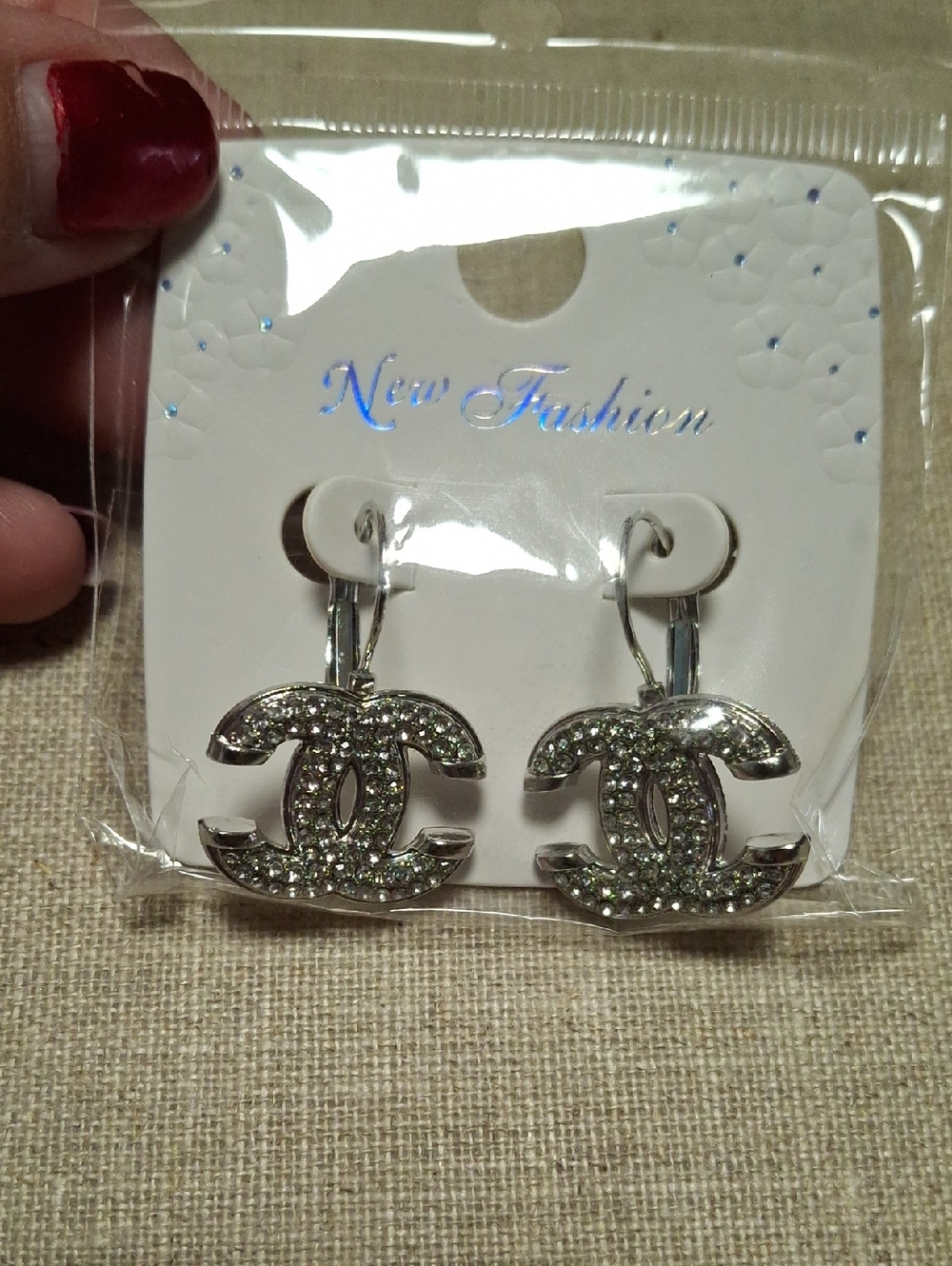 New Silver Crystal Interlocking CC Drop Earrings -